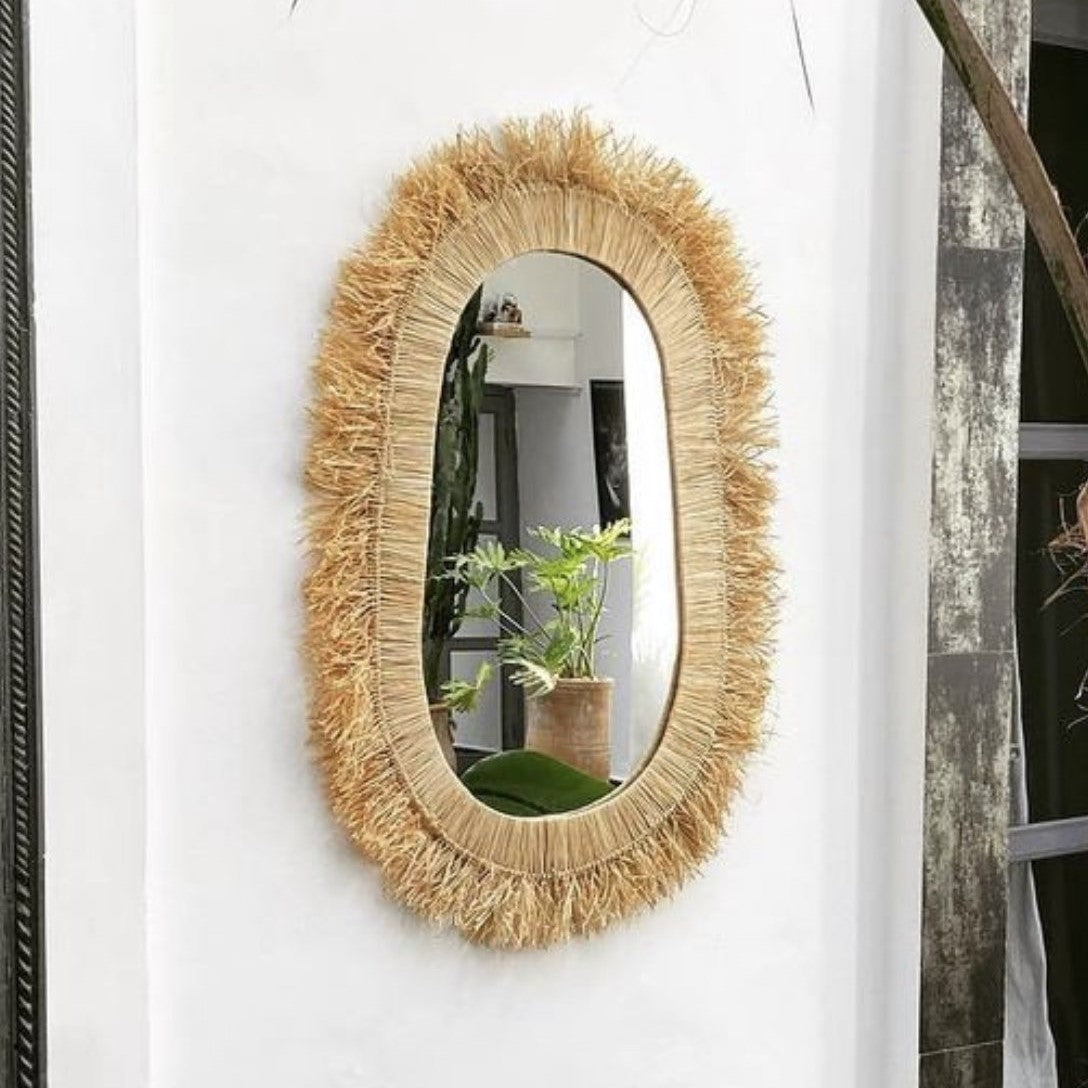 Miroir en raphia irrégulier avec franges