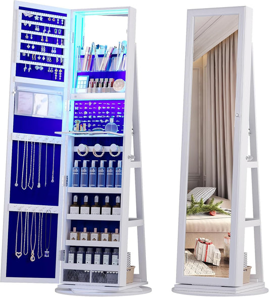 🪞 Armoire à Bijoux Pivotante 360° avec LED et Miroir Pleine Longueur