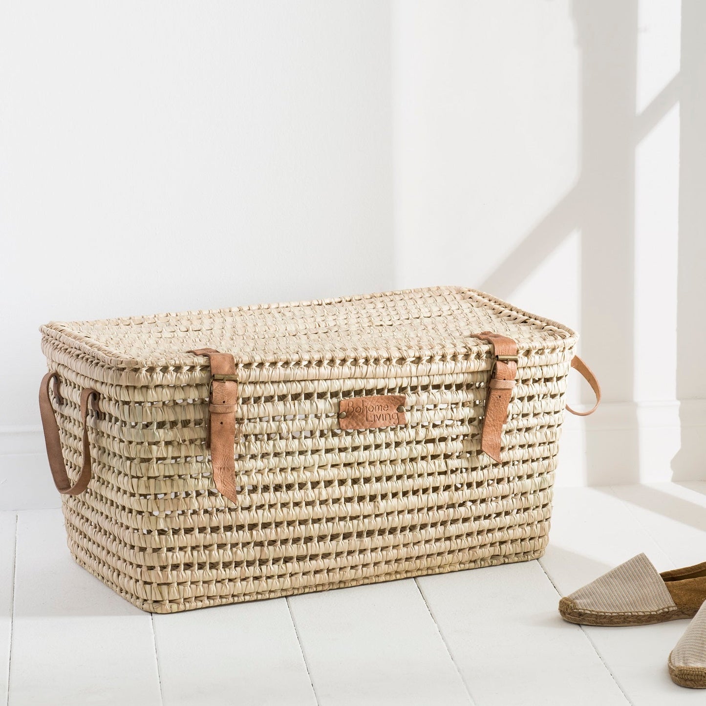 Malle de rangement en feuilles de palmier et cuir 60cm