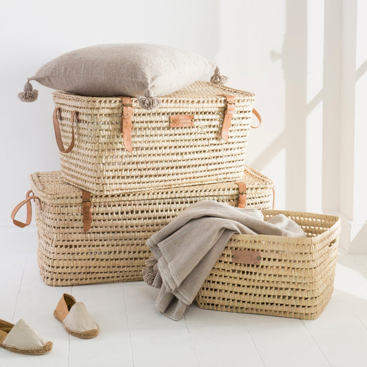 Malle de rangement en feuilles de palmier et cuir 60cm