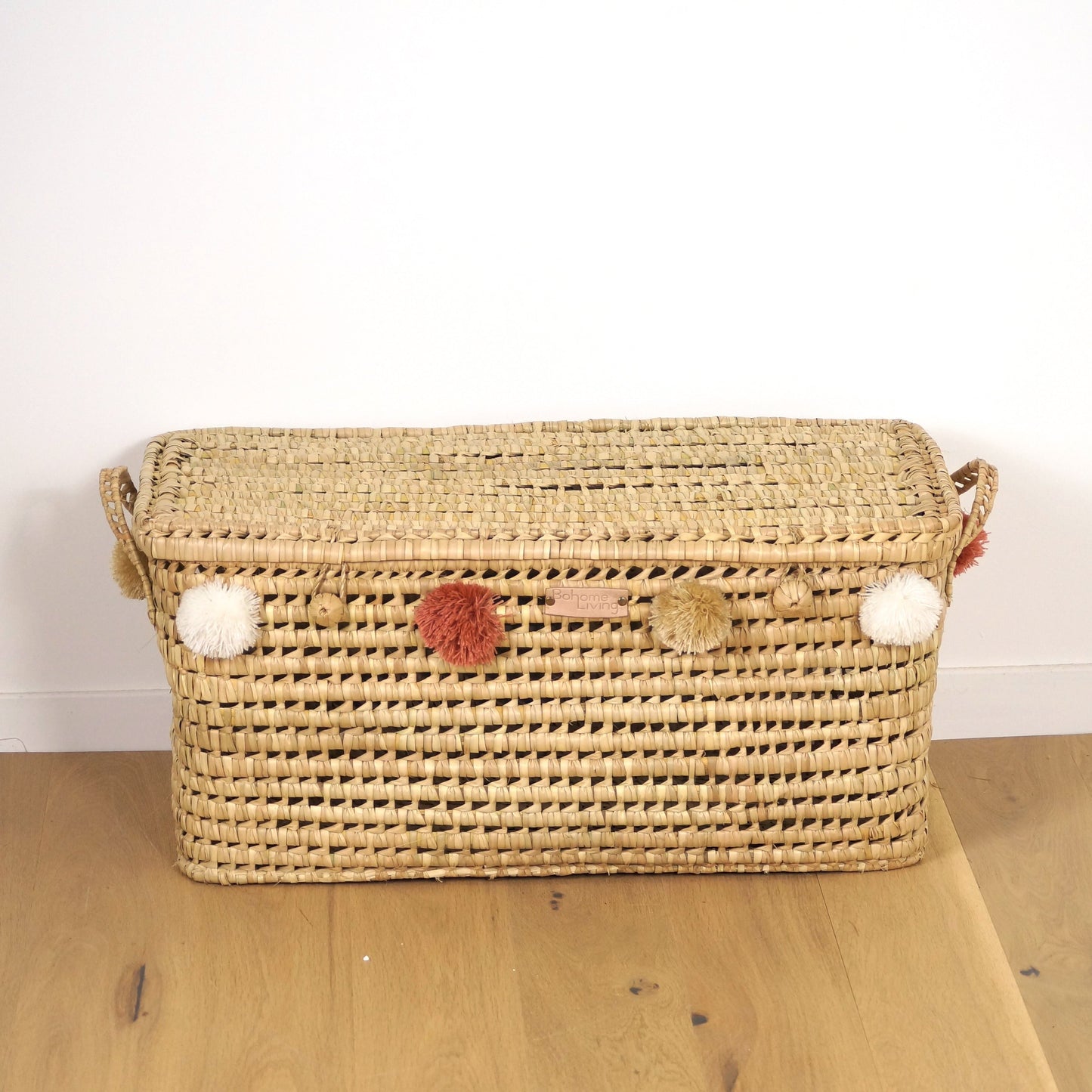 Malle de rangement en feuilles de palmier 80cm avec pompons