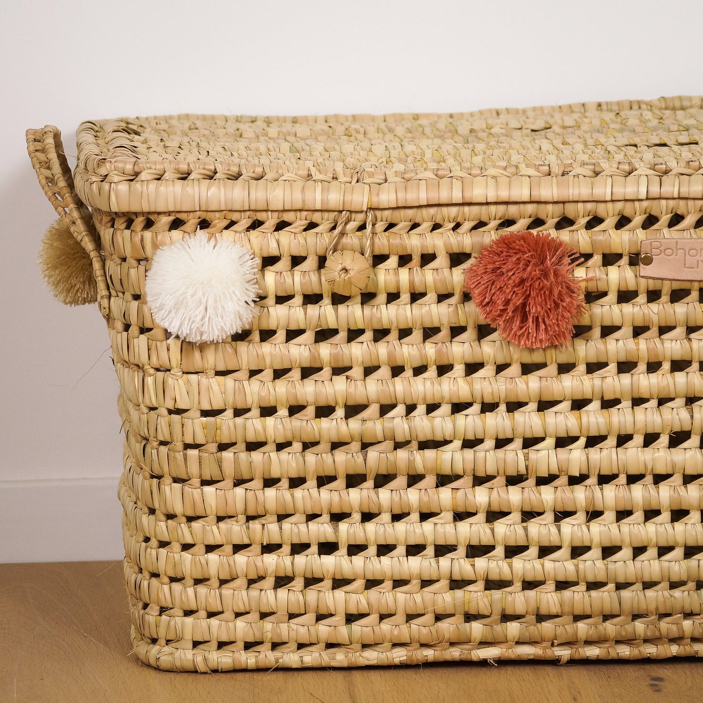 Malle de rangement en feuilles de palmier 80cm avec pompons