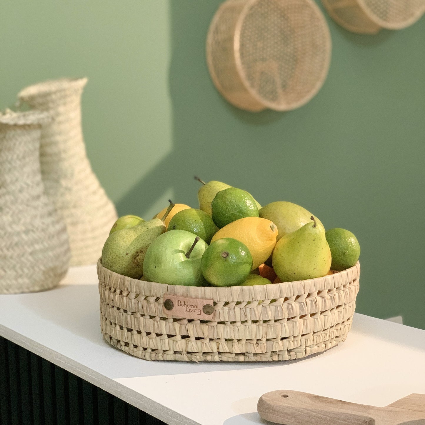 Panier rond plat en feuilles de palmier